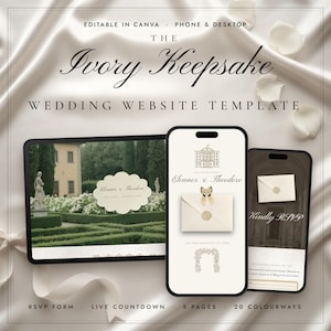 May include: A wedding website template titled The Ivory Keepsake, featuring a tablet and two smartphones displaying a digital invitation with an envelope, a RSVP form, and a garden estate image. The design includes text and editable layouts.