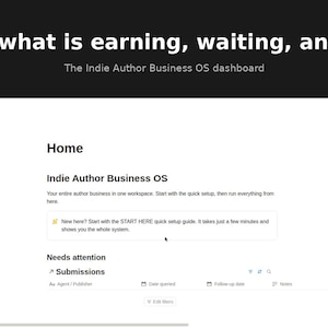 May include: A digital dashboard interface titled Indie Author Business OS with the header text Know what is earning, waiting, and next. The layout includes a Home section, a quick setup guide, and a table for tracking submissions.