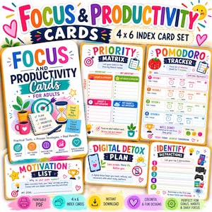May include: A set of 4x6 inch Focus and Productivity cards featuring colorful illustrations and text. The cards include a Priority Matrix, Pomodoro Tracker, Digital Detox Plan, Motivation List, and Identify Distractions templates with various icons.