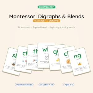 Digraphs and Blends Card Deck Printable | 142 Montessori Phonics Cards - sh ch th wh qu ck ng, Tap & Blend, Word Games