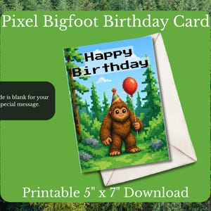 Biglietto d'auguri Pixel Bigfoot stampabile, divertente biglietto d'auguri Sasquatch, biglietto d'auguri 5x7 scaricabile, biglietto d'auguri in stile retrò Pixel Art