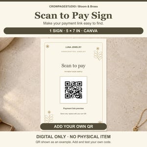 Puede incluir: Una plantilla de letrero digital rectangular de 12,7 x 17,8 cm con fondo crema y borde marrón fino. El texto dice Luna Jewelry, Scan to pay, Payment made simple y Add your own QR. Se muestra un marcador de posición de código QR.