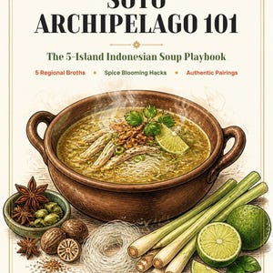 Könnte beinhalten: Ein digitaler Druck mit dem Titel SOTO ARCHIPELAGO 101 The 5-Island Indonesian Soup Playbook. Er zeigt eine braune Keramikschale mit dampfender Suppe, Nudeln, Limette und Kräutern, umgeben von Sternanis, Muskatnuss, Zitronengras und Limettenscheiben.