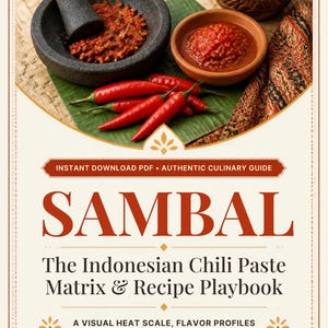 Peut inclure: Un guide numérique intitulé SAMBAL The Indonesian Chili Paste Matrix & Recipe Playbook. La couverture présente un mortier et un pilon en pierre noire, un petit bol en terre cuite avec de la pâte de piment rouge et des piments rouges frais.