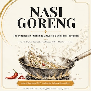May include: A digital document titled NASI GORENG The Indonesian Fried Rice Universe & Wok-Hei Playbook. It features an illustration of a wok with rice being tossed over flames, a red chilli pepper, and text detailing 6 Iconic Styles, Secret Sauce Ratios & Rice Moisture Hacks.