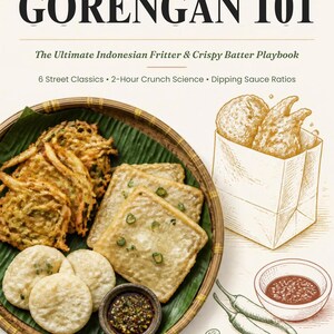 Op de afbeelding: Een digitaal culinair spiekbriefje getiteld GORENGAN 101, The Ultimate Indonesian Fritter & Crispy Batter Playbook. Het toont een gevlochten dienblad met gefrituurde beignets, een papieren zak met snacks, een kommetje saus en twee groene pepers.