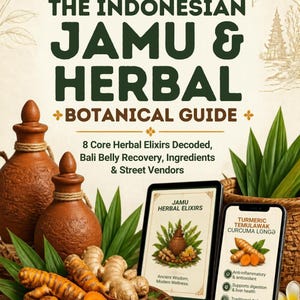 Pode incluir: Um guia digital intitulado The Indonesian Jamu & Herbal Botanical Guide 2026-2027, com texto sobre elixires de ervas, recuperação de Bali belly e ingredientes. A imagem mostra potes de barro, raízes de açafrão frescas e telas de tablet e celular.