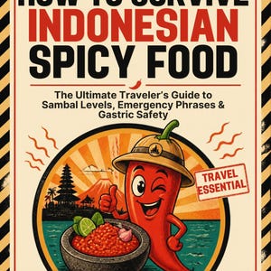 Può includere: Un poster digitale intitolato HOW TO SURVIVE INDONESIAN SPICY FOOD con un peperoncino dei cartoni animati che indossa un cappello da safari, una ciotola di pietra con sambal, un misuratore di livello di piccantezza e schede bahasa.