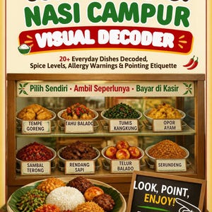 May include: A digital guide titled Warteg & Nasi Campur Visual Decoder featuring a display case of Indonesian dishes like Tempe Goreng, Rendang Sapi, and Telur Balado. It includes a plate of Nasi Campur, a chalkboard sign, and icons for vegan and halal options.