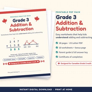 Puede incluir: Un paquete de ejercicios imprimible en PDF titulado Grade 3 Addition & Subtraction con iconos de hojas de arce rojas. El documento incluye hojas de trabajo de matemáticas, una guía para padres, una clave de respuestas y un certificado.