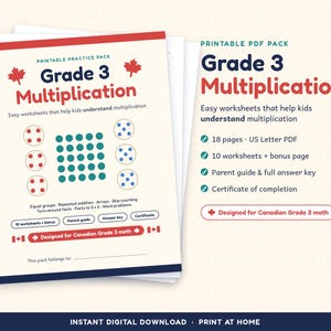 Op de afbeelding: Een printbaar oefenpakket voor vermenigvuldigen in groep 5 met rode esdoornbladpictogrammen, een raster van groene stippen en sets van rode en blauwe stippen. Het document bevat tekst over gelijke groepen, arrays en sprongsgewijs tellen.