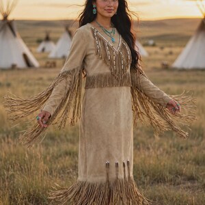 Women's Tan Powwow Style Dress, Boho Western Fringe Dress, Beaded Dress, Festival Outfit, Long Fringe Wedding Dress