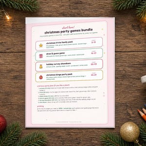 May include: A printable Christmas party games bundle document with a pink border. The text includes sections for a Christmas trivia family pack, draw and guess game, holiday survey showdown, and Christmas binge party pack with page numbers.
