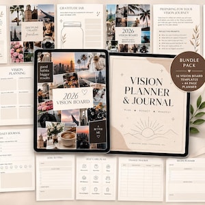 May include: A digital vision planner and journal bundle pack featuring 16 vision board templates and a 44-page planner. The set includes various printable pages for goal setting, mood tracking, monthly reflection, finance tracking, and daily journaling.