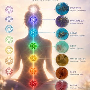 May include: A poster titled Collection Chakras Talismans Énergétiques Pour Les Humains featuring seven circular resin charms in colors corresponding to the body's energy centers, labeled with French terms like Couronne, Cœur, and Racine.