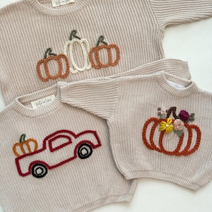 Fall Hand Embroidered Sweaters, Pick Up Truck Pumpkin Sweater, Pumpkin Embroidered Sweater, Embroidered Name Sweater, Personalized Fall