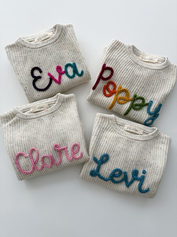 Big Kids 6Y-12Y Hand Embroidered Name Sweater, Personalized Name Sweater, Confetti Oversized Embroidered Sweater for Kids, Knit Sweater