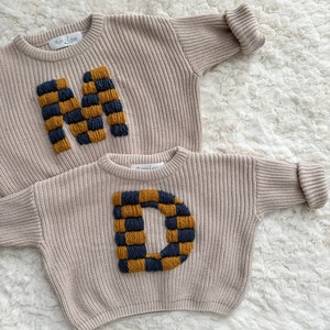Embroidered Personalized Sweater, Large Embroidered Letter, Checkered Embroidered Letter, Personalized Letter Sweater, Customer Name Sweater