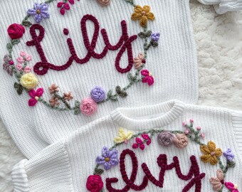 Custom Hand Embroidered Toddler and Baby Name Sweater, Kids Knit Sweater, Embroidered Name Sweater, Personalized Baby Name Sweater