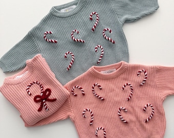 Hand Embroidered Christmas Sweaters, Candy Cane Sweater, Holiday Embroidered Sweater, Personalized Oversized Sweater, Holiday Sweater