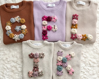 Embroidered Personalized Sweater, Large Embroidered Letter, Floral Embroidered Letter, Custom Sweater for toddler, Custom sweater for baby