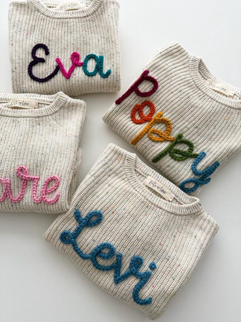 Pull avec prénom brodé à la main pour grands enfants de 6 à 12 ans, pull avec prénom personnalisé, pull brodé surdimensionné de confettis pour enfants, pull en tricot image 5