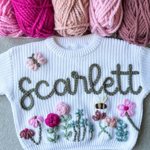 Embroidered Wildflower Sweater, Custom Name Sweater, Personalized Name Sweater, Baby Shower Gift, Wildflower Garden Design, Name Sweater