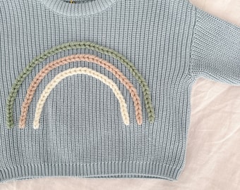Hand Embroidered Sweaters, Hand Embroidered Rainbow Sweater, Ready to Ship, Rainbow Knit Sweater, Neutral Sweater, Personalized Sweater