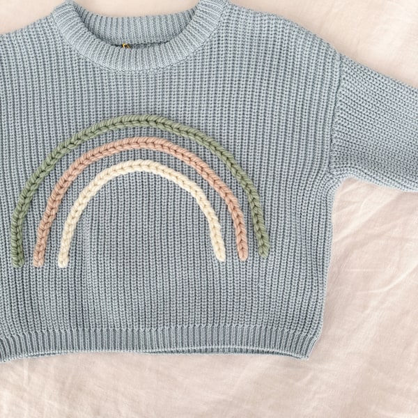 Hand Embroidered Sweaters, Hand Embroidered Rainbow Sweater, Ready to Ship, Rainbow Knit Sweater, Neutral Sweater, Personalized Sweater