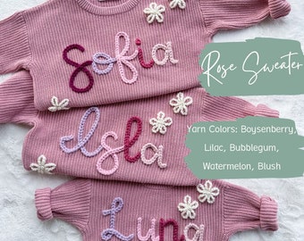 Pull avec prénom personnalisé, pull pour bébé brodé à la main, pull avec prénom personnalisé, faire-part de bébé, pull en tricot brodé, cadeau personnalisé pour bébé