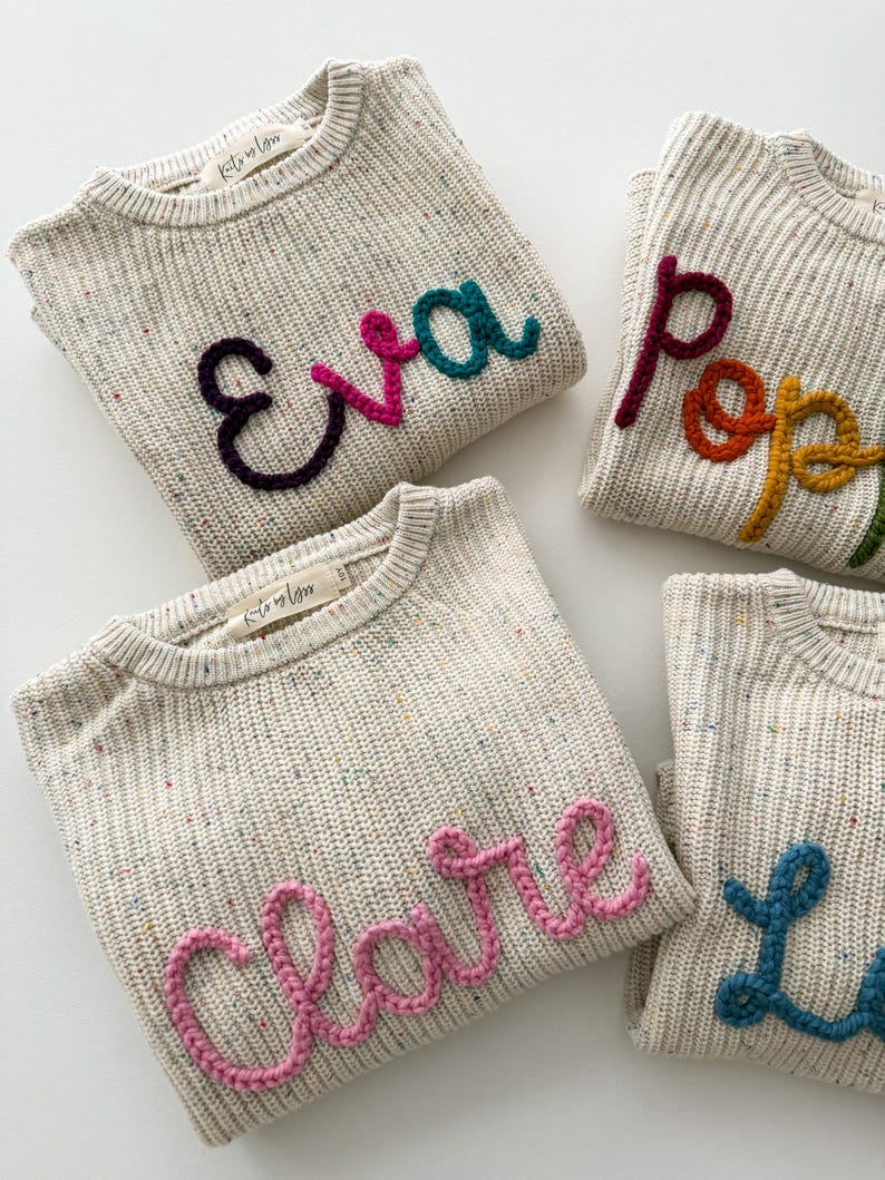 Pull avec prénom brodé à la main pour grands enfants de 6 à 12 ans, pull avec prénom personnalisé, pull brodé surdimensionné de confettis pour enfants, pull en tricot image 3