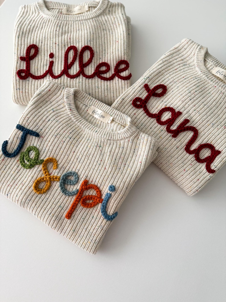 Pull avec prénom brodé à la main pour grands enfants de 6 à 12 ans, pull avec prénom personnalisé, pull brodé surdimensionné de confettis pour enfants, pull en tricot image 4