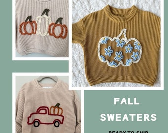 Hand Embroidered Sweater, Fall Pumpkin Sweater, Holiday Sweaters, Floral Pumpkin Hand Embroidered Sweater, Fall Baby Sweater, Ready to Ship