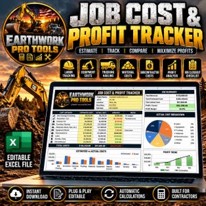 May include: A digital job cost and profit tracker spreadsheet displayed on a laptop screen, featuring tables for estimated versus actual costs, a job summary, a pie chart for cost breakdown, and a profit trend graph for construction projects.