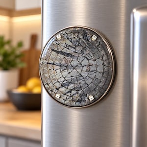 Puede incluir: Un imán de refrigerador circular con un patrón de mosaico de segmentos de color gris oscuro y negro similares a la piedra, dispuestos en anillos concéntricos, dentro de un marco metálico fino con cuatro pequeños acentos cuadrados claros.