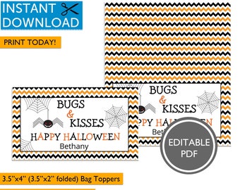 Bugs and Kisses, Halloween Bag Topper, Kids Trick or Treat Gift, Classroom Favors, Instant Download, Editable