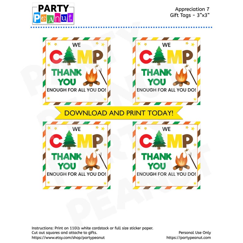 Camping Gift Tag, Camping Favors, Printable, Thank You Tags, Summer Camp, Instant Download