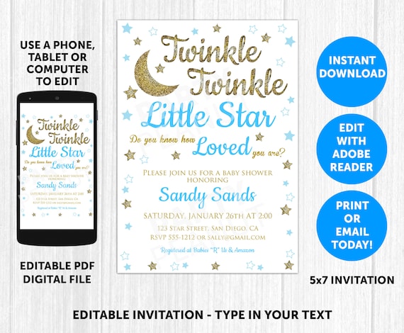 Twinkle Twinkle Little Star Baby Shower Invitation - Boy Baby Shower Invitation, Download, Editable Invitation, Digital, Printable Il_570xn
