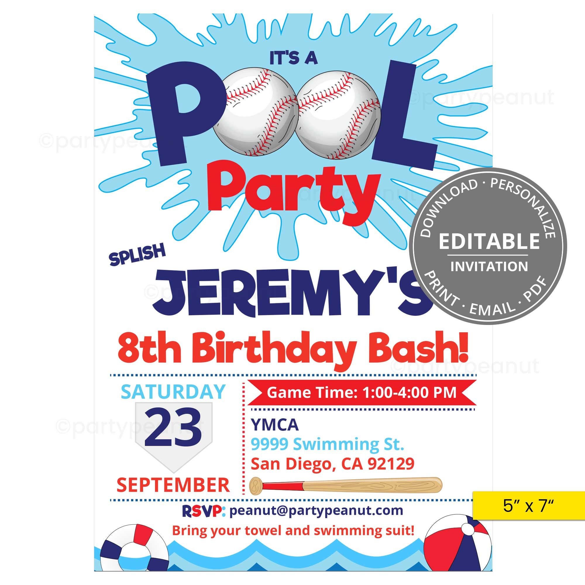 Invitación imprimible para fiesta de béisbol en la piscina, invitación de  béisbol, invitación de cumpleaños de béisbol, fiesta de béisbol, béisbol, image size:2000x2000