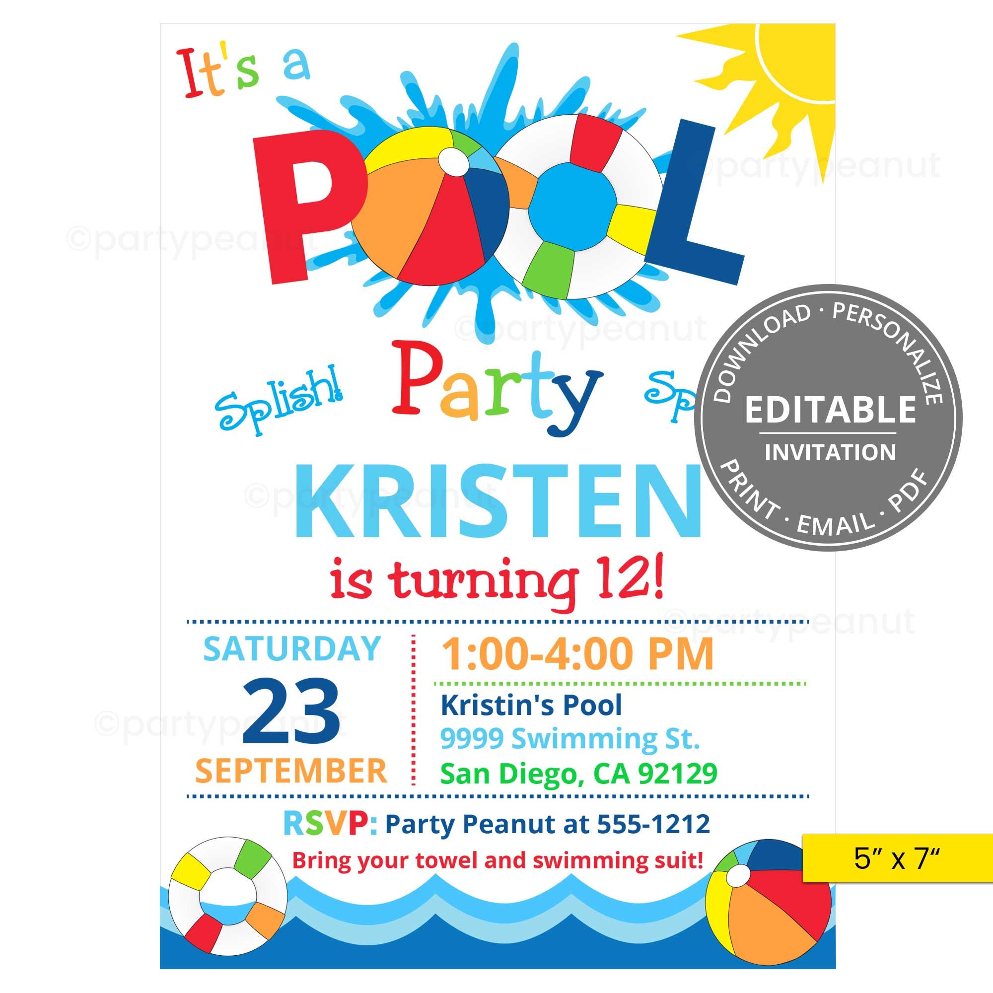 Invitación imprimible para fiesta en la piscina, fiesta infantil en la  piscina, fiesta de cumpleaños en la piscina, fiesta de verano editable, image size:2000x2000