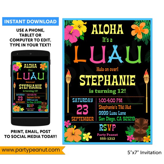 Luau Party Invitation - Luau Birthday Invitations, Luau Invitation, Luau Invite, Hawaiian Luau Party, Editable, Printable, Instant Download Il_570xn