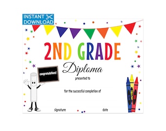 2nd Grade Diploma, 2nd Grade Graduation Certificate, End of School Year, Printable, Instant Download