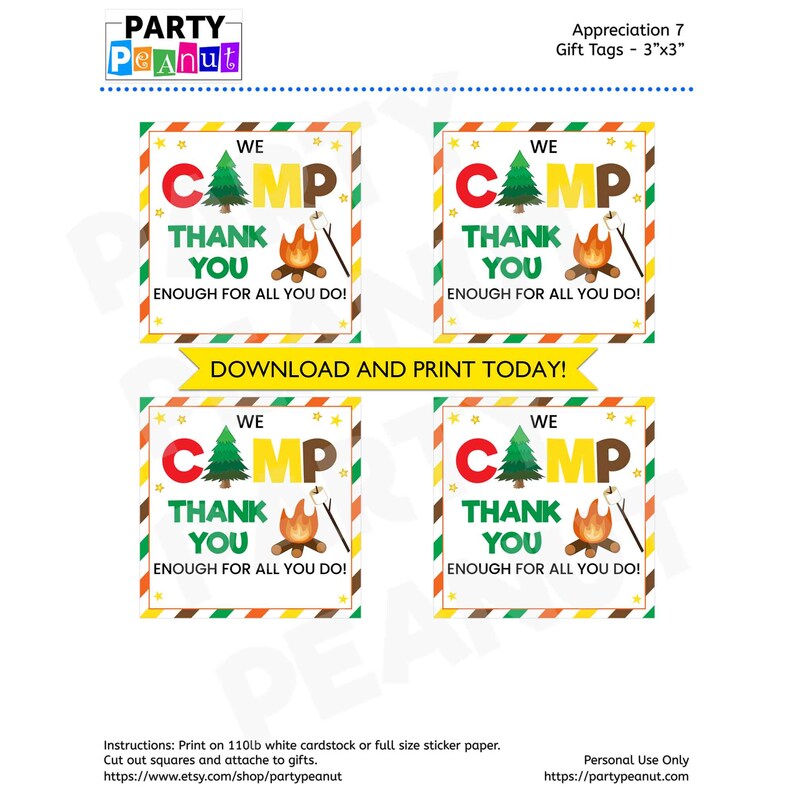Camping Gift Tag, Camping Favors, Printable, Thank You Tags, Summer Camp, Instant Download