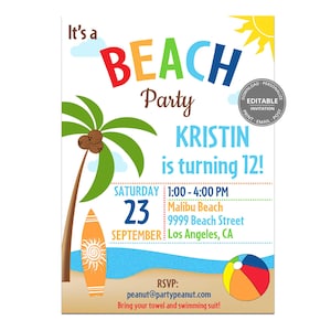 Beach Invitation, Beach Party Invitation, Editable Beach Birthday Invite, Digital Download