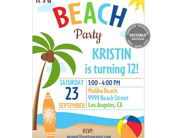 Beach Invitation, Beach Party Invitation, Editable Beach Birthday Invite, Digital Download