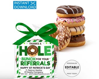 Etiquetas de regalo para recomendación de donuts, regalo de agradecimiento al cliente del Día de San Patricio, muchas gracias, editables