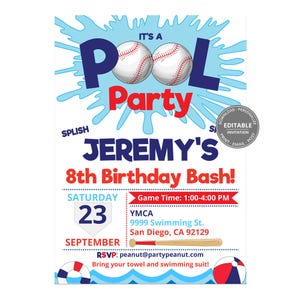 Baseball Pool Party Invitation, Editable Baseball Birthday Party Invite, Digital Download