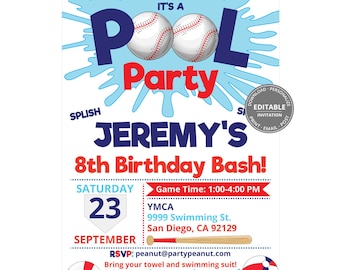Invitación para fiesta en la piscina con temática de béisbol, invitación editable para fiesta de cumpleaños con temática de béisbol, descarga digital.