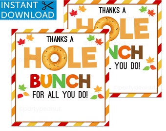 Thanksgiving Gift Tags, Thanks A Hole Bunch, Printable Bagel Tag, Appreciation Tag, Thank You, Teacher, Co-worker, Staff, Friend, PTO Tags