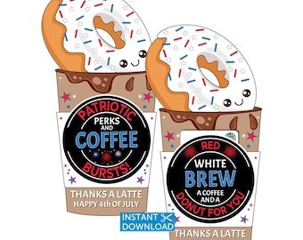 4.Juli Kaffee Geschenkkartenhalter, Vaterländische Donut Tags, Danksagungen Latte, Instant Download, Printable